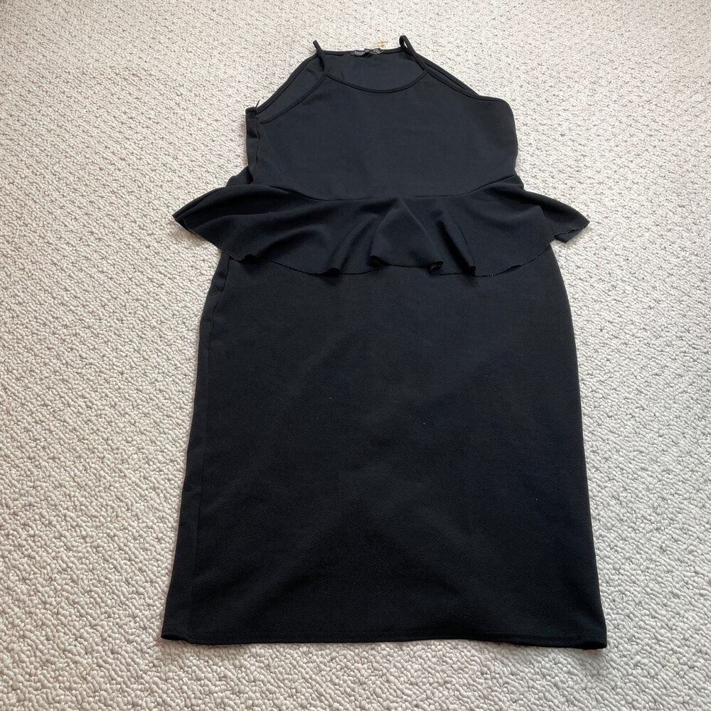 Boohoo Shift Dress Womens 14 Black Sleeveless Ruffle Tier Waist Midi Polyester